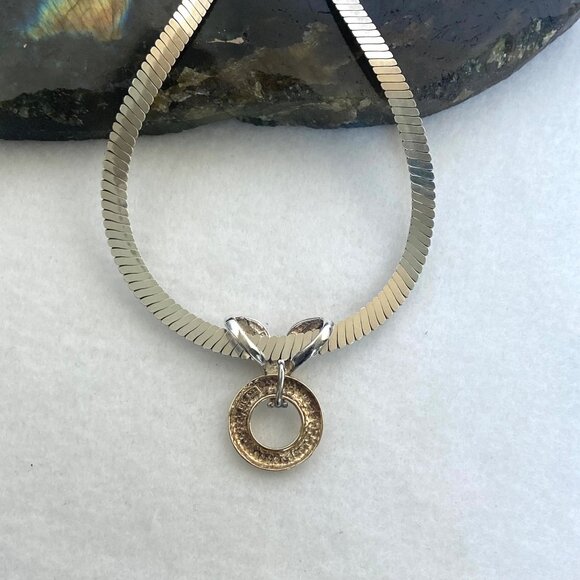 Sterling Silver 925 Vermeil Two Tone Round Slide Pendant Necklace Herringbone - Picture 12 of 16